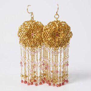 Pink And gold Bead Drops from gold tone flower look Chandelier Earring Set